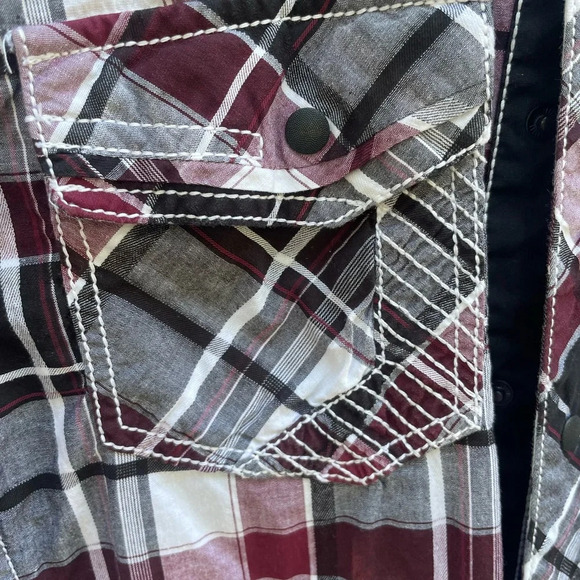 BUCKLE Men’s Burgundy White Plaid Embroidered Long Sleeve Button Athletic Large - Picture 4 of 9